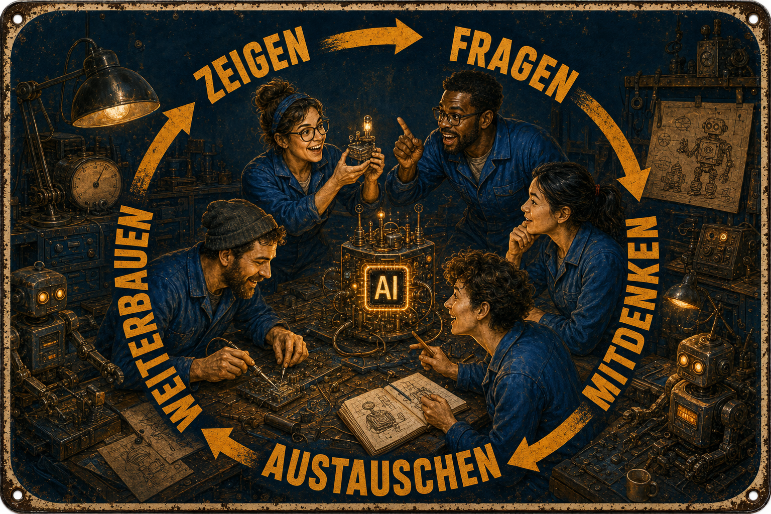Fünf Menschen arbeiten gemeinsam in einer KI-Werkstatt. Ein Kreislauf verbindet die Schritte Zeigen, Fragen, Mitdenken, Austauschen und Weiterbauen.
